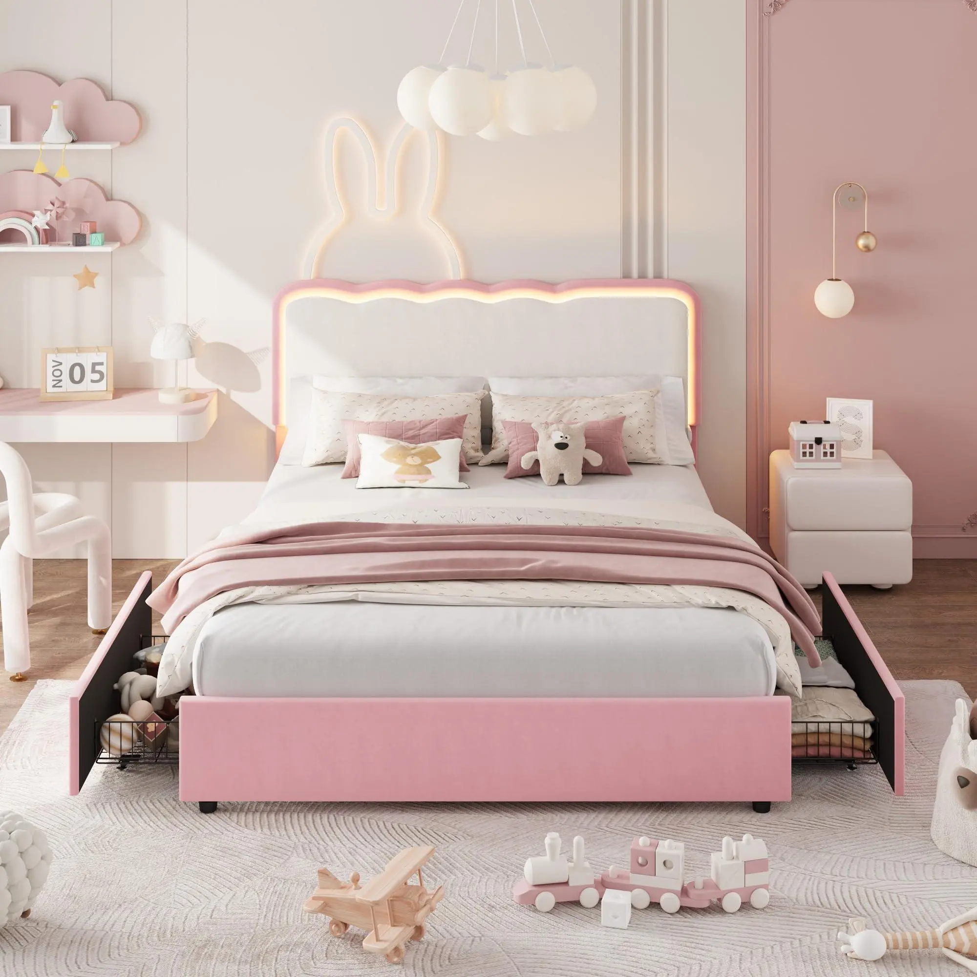 GAOMON Queen LED Bed, 2 Drawer Trundle, Pink Wave Headboard，MDF Frame, Pink Velvet, RGB LED, 2 Drawers + Trundle. Ideal for Girls, Kids, Princess Bedroom