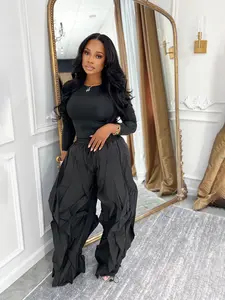 Women's Slim-Fitting Fitted Top & Wide-Leg Pants Set, Ladies' Unique Casual Chic Commuter Ensemble, Outfit, Spring and Fall