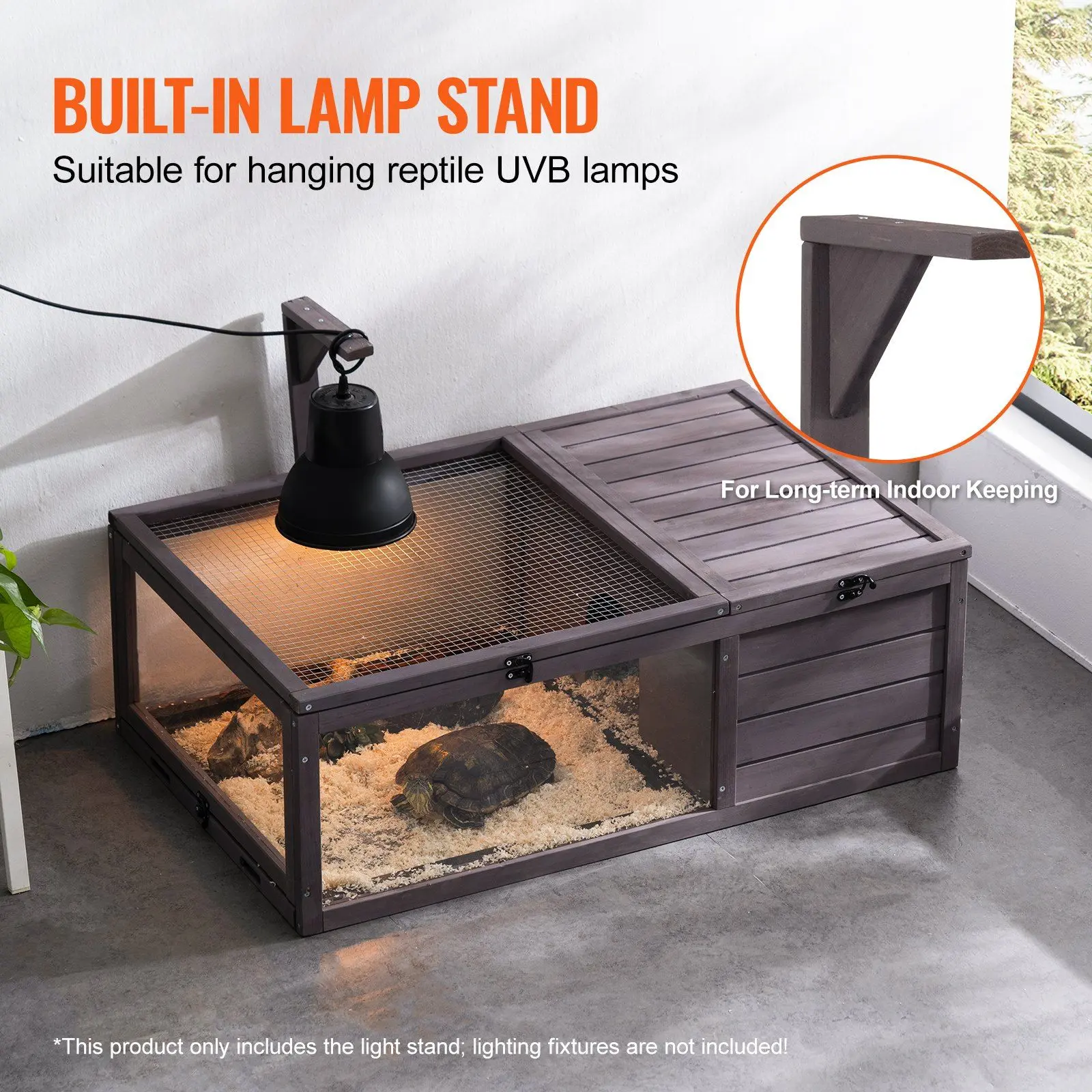 VEVOR Large Cedar Wood Tortoise Habitat, 2-Room Wooden Outdoor Pen/Hutch with Lockable Top Cover, Mesh, Hanging UVA+UVB Light Stand, Light Control, Easy Clean Design, Indoor & Outdoor Use, 38x24x13in