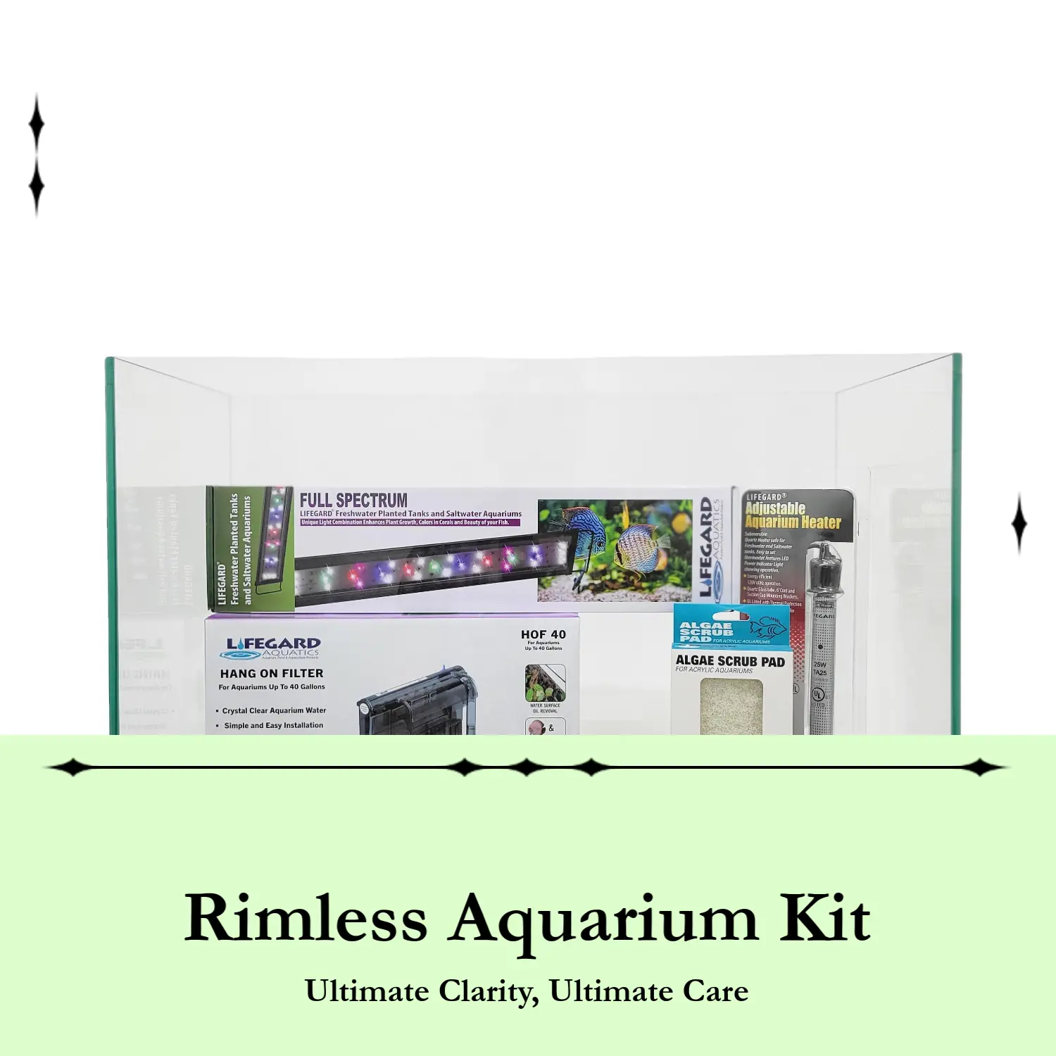 Lifegard Aquatics Rimless Ultra-Clear Glass Aquarium Kit - Multi-Size Fish Tank (5/10/15/20 Gal), Full-Spec LED Light, Easy Top Access, 360° Unobstructed Viewing, True Colors, Crystal-Clear Silicone Seams, Aquascape Use, Nationwide Shipping, 20 Gallon