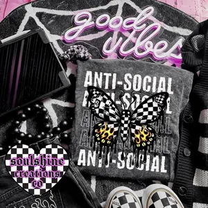 Comfort Colors Anti Social Butterfly Tee Shirt- Pepper- Checkered- Edgy Alt Vibes- Cotton-Unisex graphic tees Fabric Top