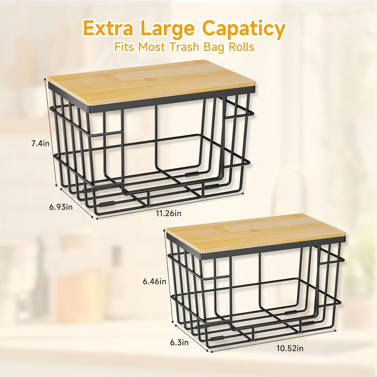 Pantry Storage Organizers,Kitchen Organization,2-Piece Trash Bag Storage Set: Extra-Large Capacity Trash Bag Dispenser (With Bamboo Lid) Wall-Mounted, Stackable Design For Kitchen, Laundry Room, And Under-Sink Organization