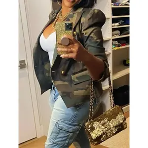 Camouflage Printed Double Breasted Jacket, Casual Long Sleeved Lapel Open Top, Suitable For Spring And Autumn, Women's Clothing Fit Green