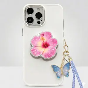 Pink Hibiscus Magnetic Phone Grip, Orchid Flower Stand Holder .