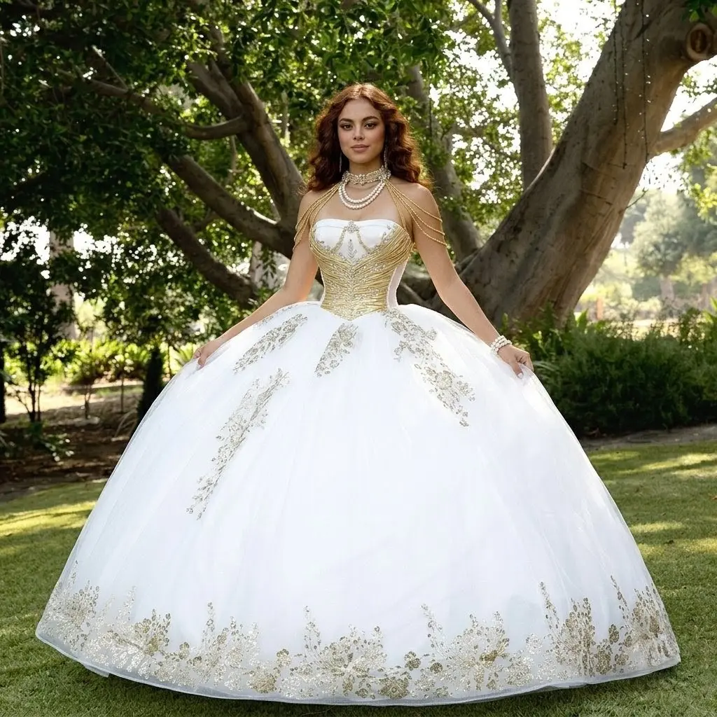 QUINCEAERA BALL GOWN IVORY / GOLD STRAPLESS CORSET PRINCESS DRESS  PQ1102  - TikTok Shop