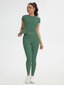 Women's Sportswear Set, Slim-Fit Round Neck Short Sleeves & High-Waisted Yoga Pants, Ideal for Gym Running Outdoor Activities, Stretchy Suit Set, Fitness Outfits, Workout Running Outfits, Solid Sports Sets