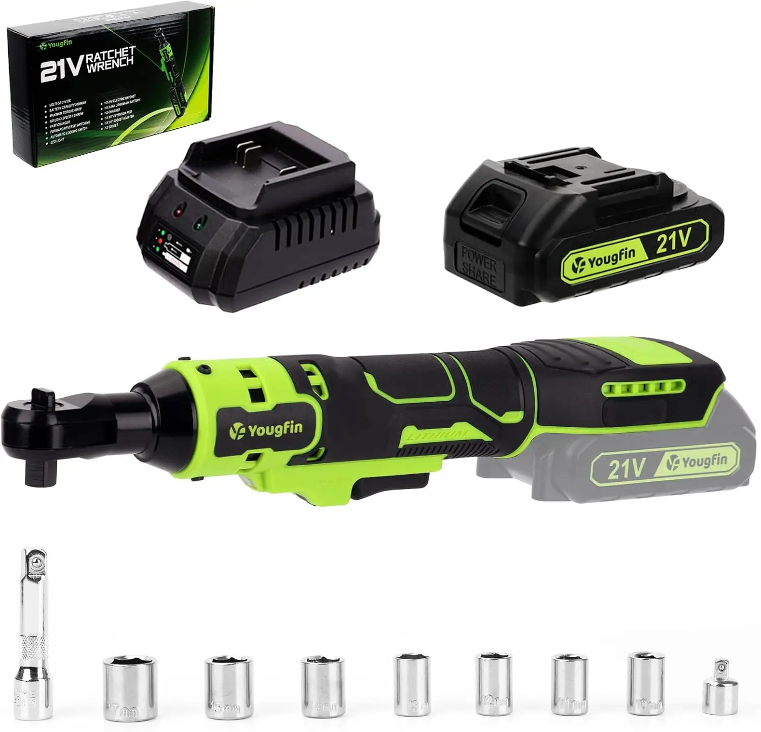 Yougfin Electric Ratchet Wrench 21V, 3/8" Cordless Ratchet Wrench 40 N.M, Battery Powered Ratchet with Battery & Charger (2.0Ah), Power Socket Torque Wrench Ratchet with 7 Sockets