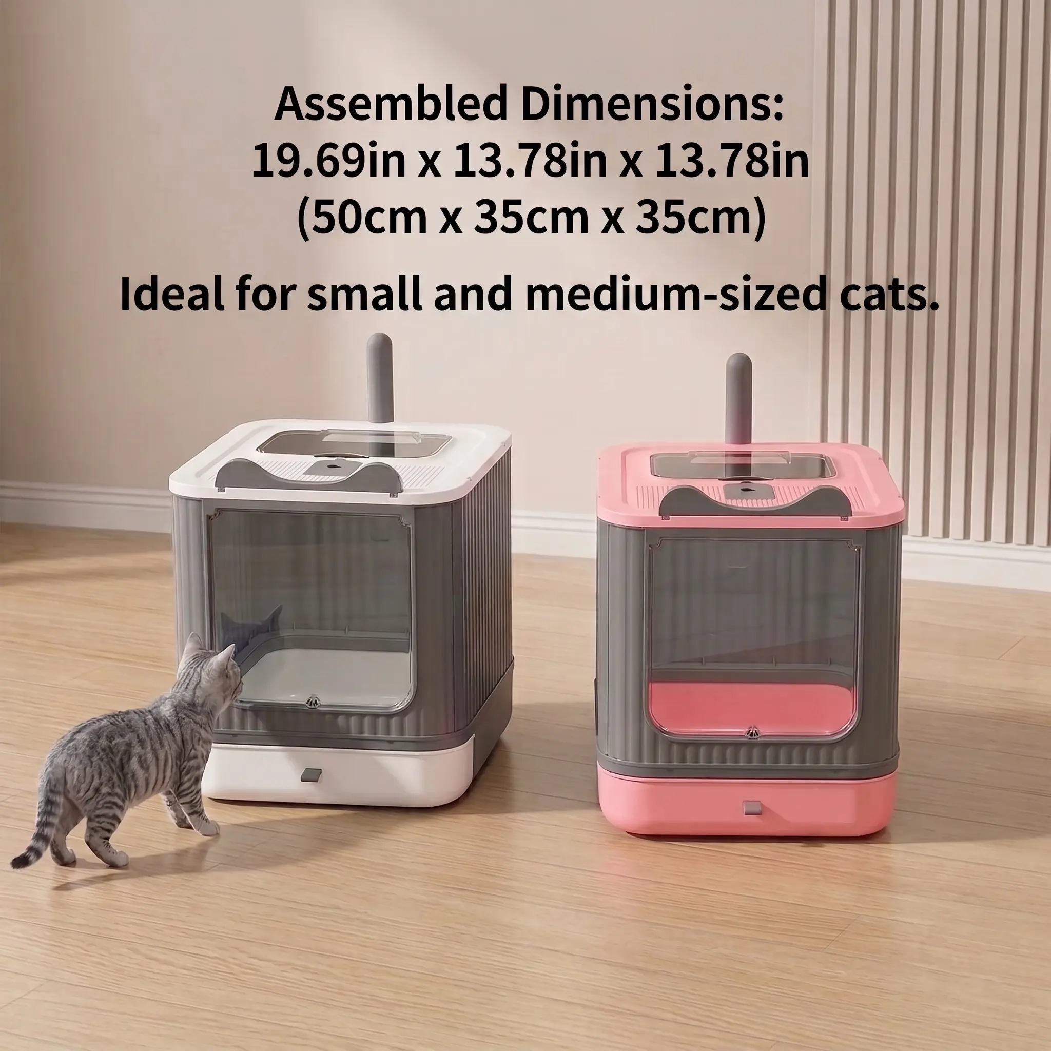 Foldable Enclosed Litterbox for Small & Medium Indoor Cats (Up to 15 lbs) - Durable PP+PS Plastics, Dual Tone, Anti-Tracking Top-Exit Grate, Easy Scoop, Easy-Slide Drawer Tray, Odor Control Solutions, Minimalist Grey & Pink Home Decor Space Saver