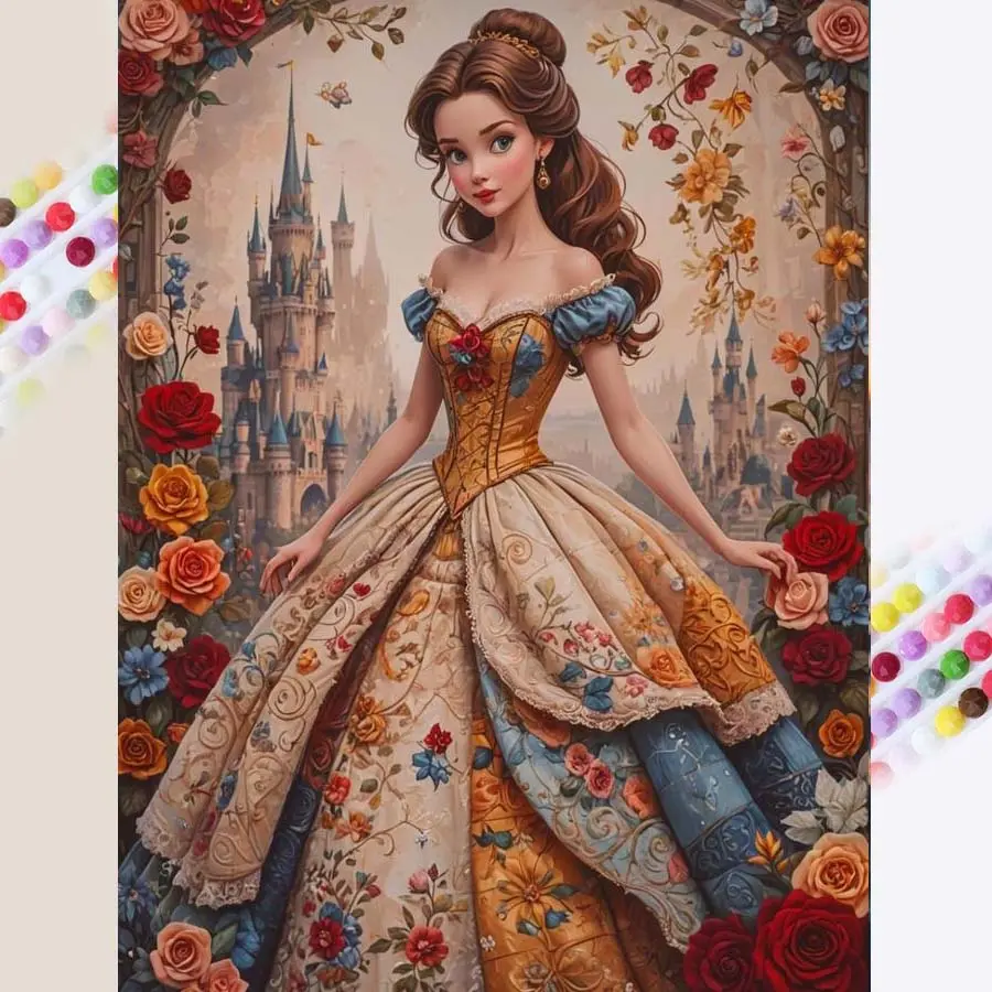 1 DIY diamond painting kit, 5D diamond art set, DIY decoration, castle, long dress, flowers. The diamond painting kit features full round diamonds, mosaic, diamond art, DIY art home decoration, suitable for Christmas.