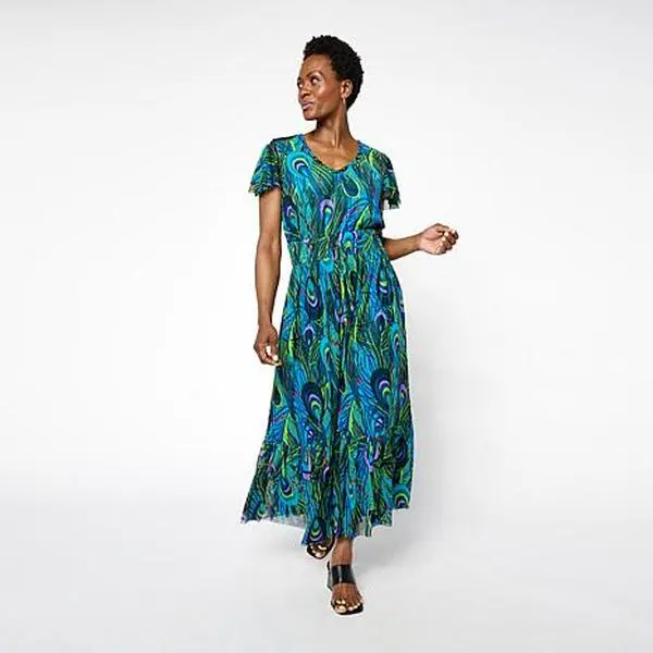 C. Wonder C Wonder Mesh Printed Flutter Sleeve Tiered Dress