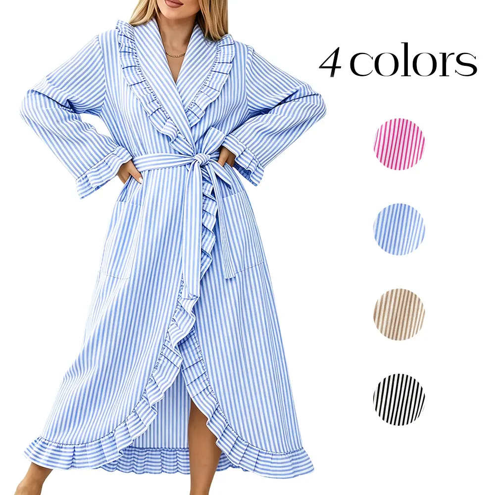 Women's Cotton Wrap Long Robe - Striped Ruffle, Soft Loungewear Gowns for Sleep & Relaxation
