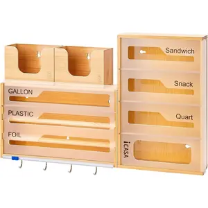 Food Storage Bag Organizer - 15 in 1 Kitchen Wall-Mounted Foil and Plastic Wrap Dispenser with Cutter, Bamboo Baggie Organizers for Drawer Holder Container for Gallon Quart Snack Sandwich Bags