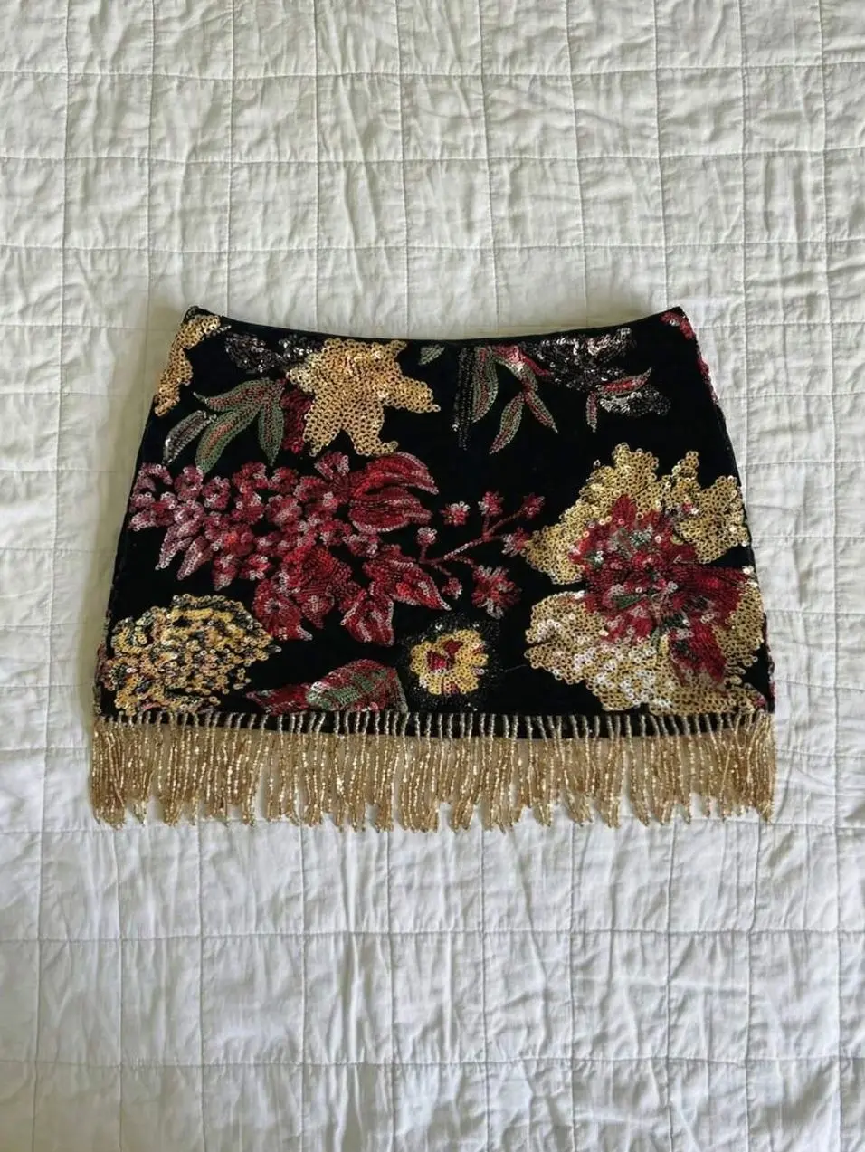 Mori Grove Mori Grove 1pc Women Summer Black Floral Sequin Skirt,Winter Elegant Dining Chiffon Mini Skirt Beaded Tassel Decor,Bohemian Style Floral Embroidered Skirt