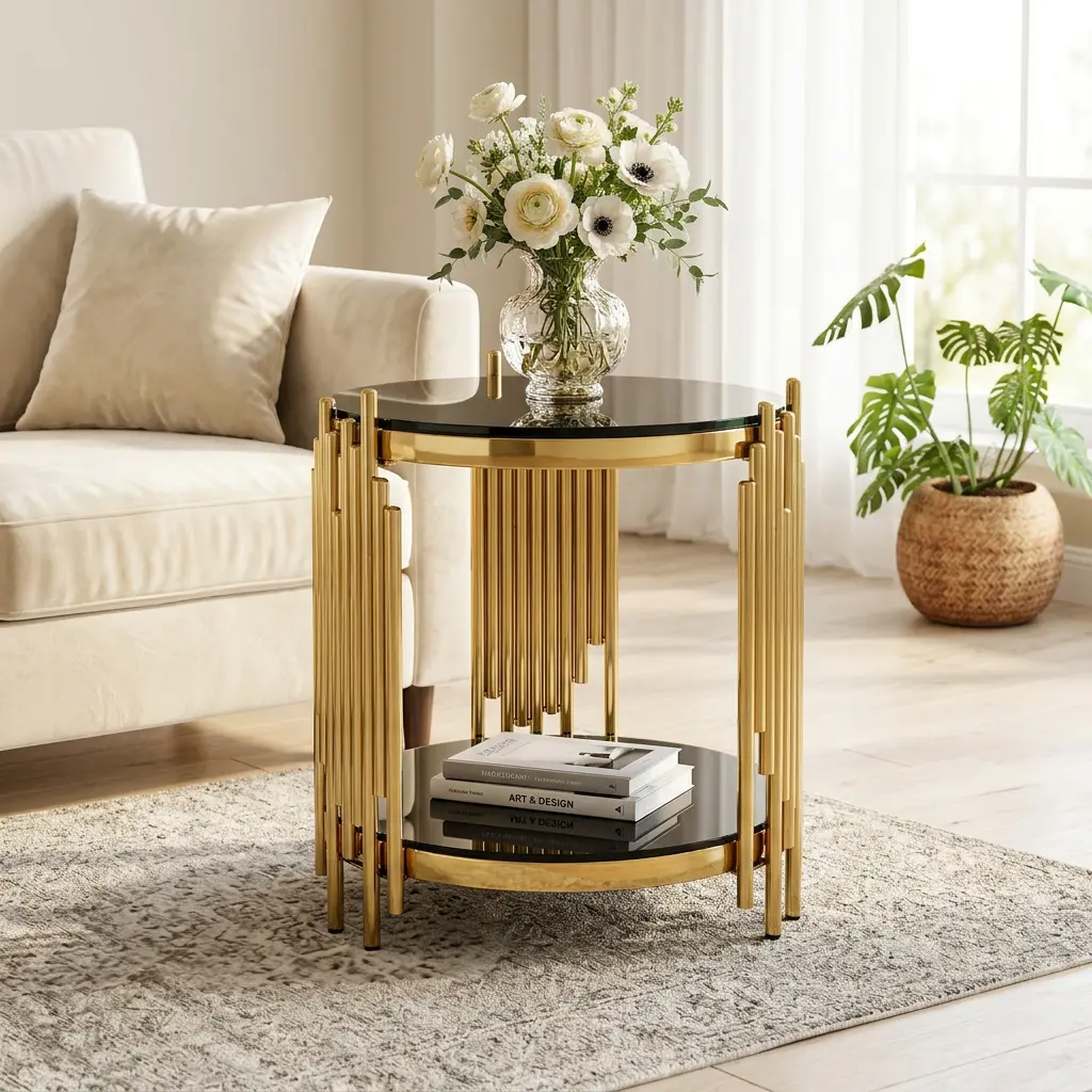 Modern Round Glass End Table for Living room, Black and Gold Side Table Glass Top, Luxury Circle Tea Table with Stainless Steel Legs, Small Office Table, Sturdy Glass Top Bedside Table, Sofa Table set for Living room/Nightstand,Balcony Table