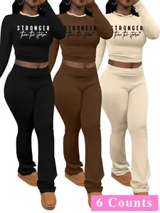 Women's Letter Print Long Sleeve Crop Top & Pants Set, Casual Fashion Cozy Legging Outfits for Daily Outdoor Wear, Women Clothing for Spring & Fall, Sweatsuit Set Outfit