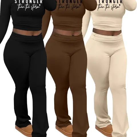 Women's Letter Print Long Sleeve Crop Top & Pants Set, Casual Fashion Cozy Legging Outfits for Daily Outdoor Wear, Women Clothing for Spring & Fall, Sweatsuit Set Outfit, Casual Loungewear Set