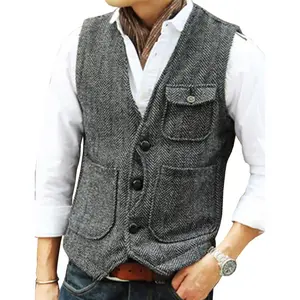 Men's Retro Tweed Vest Herringbone Wool-Blend  with Multi-Pockets: Elevate Casual & Outdoor Styles for Daily Errands & Weekend Adventures