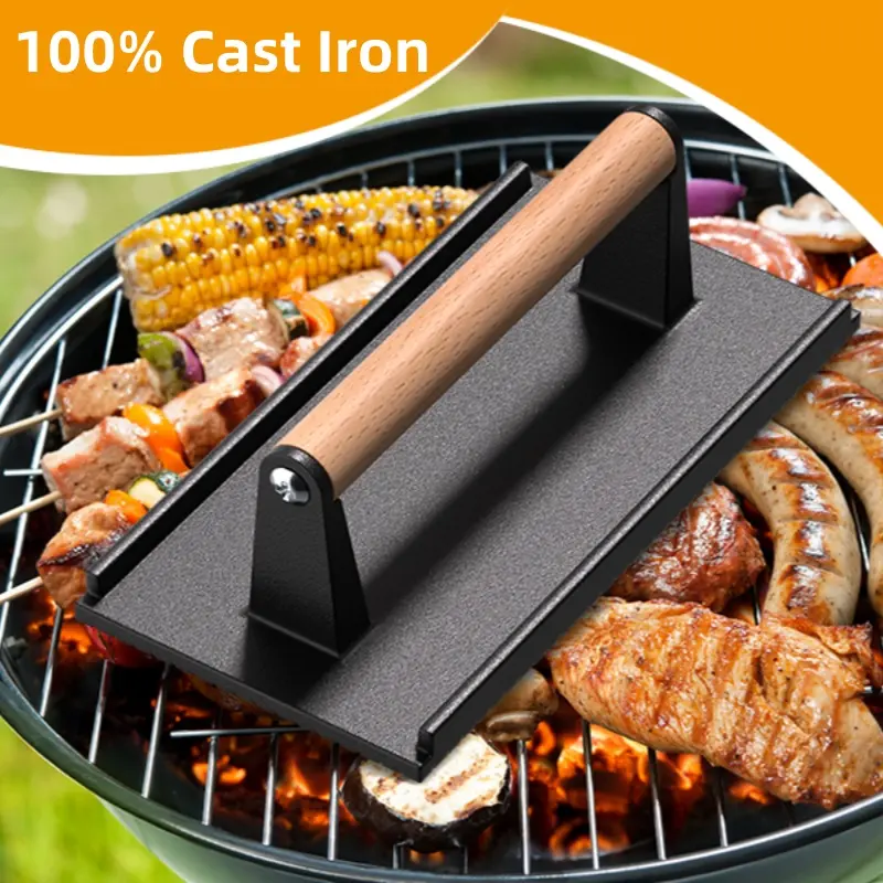2-Piece Durable Cast Iron Bacon & Smash Burger Set - Round/Rect. Kitchen Utensils with Ergonomic Wooden Handle, Outdoor BBQ Meat Tool for Flat Top Grill, Ideal for BBQ Lovers