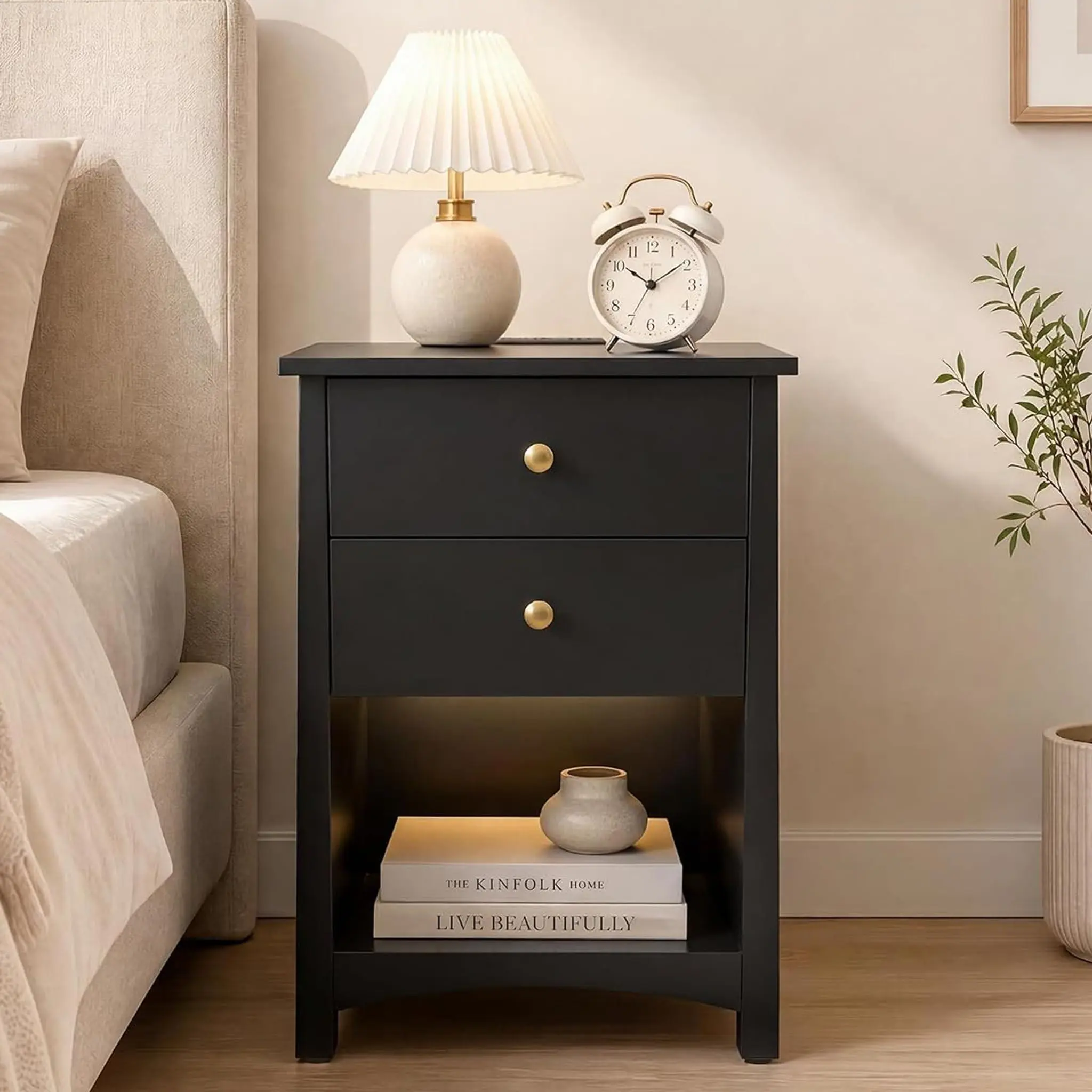 Modern Mid-Century Black Nightstand - Bedside Table, Side Table with Dual-Zone Power Outlets, 2 Drawers, Open Storage, RGB LED Light Strip for Minimalist Decluttering, Rgb Lights