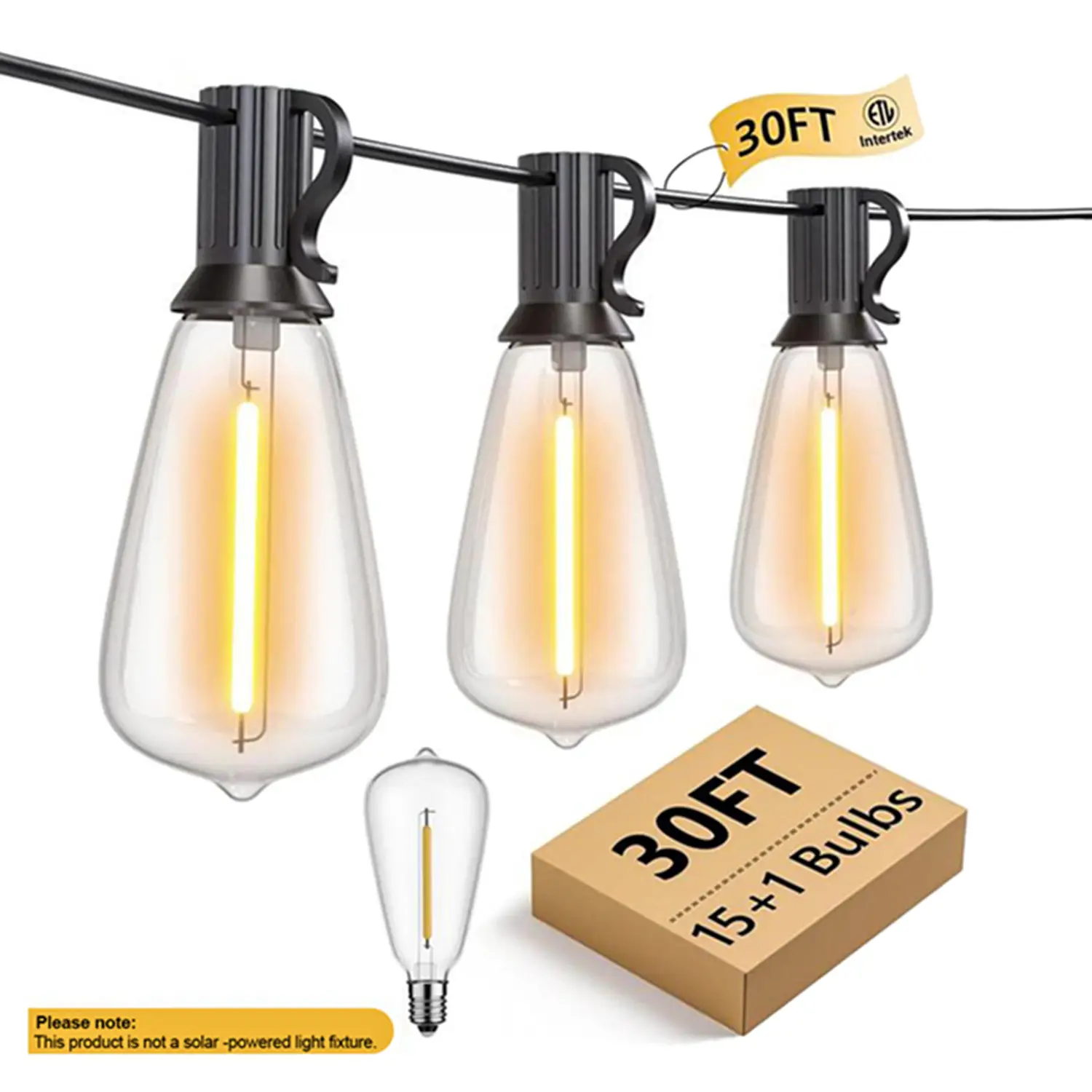 GLUROO 30FT Outdoor String Lights, LED Outdoor Patio Lights Waterproof with 15+1 Vintage Bulbs Shatterproof Energy Saving, 2700K Hanging Edison String