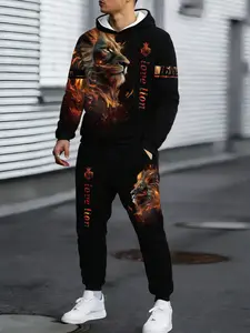 Men's lion print hooded sweatshirt and sweatpants set -100% polyester fiber casual sportswear, hooded long sleeved top and pocket, regular cut knitted fabric, comfortable all year round, animal pattern - adult weekend casual wear