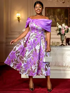 Purple Cold Shoulder Floral Jacquard Dresses for Women High Waist A Line Evening Birthday Cocktail Party Midi Gowns Outfits