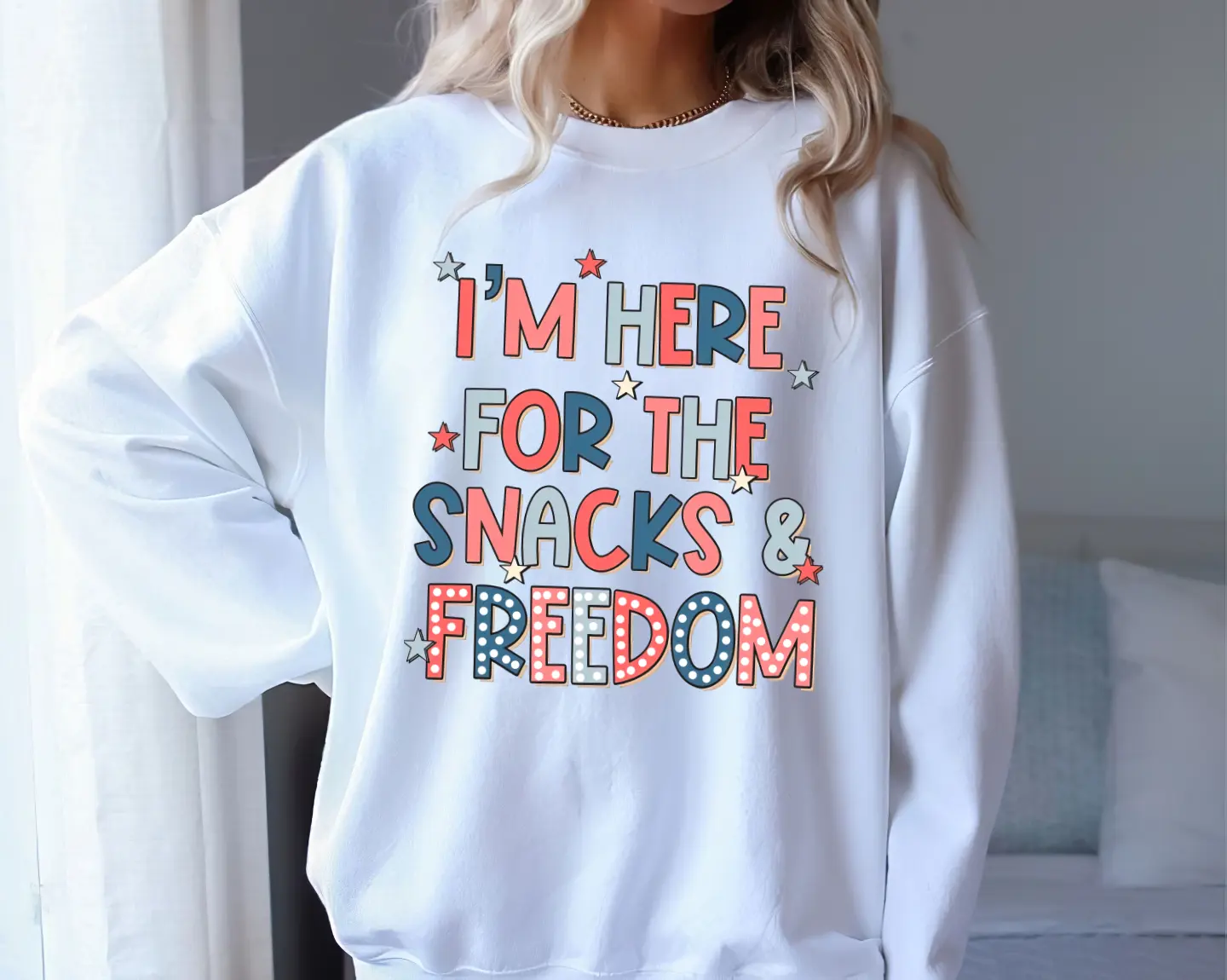 I'm Here For The Snacks And Freedom, America Fourth Of July Bright Doodle Independence Day, USA Sweater Red White And Blue, Share Your Love Of Your Country With This Patriotic Fourth Of July