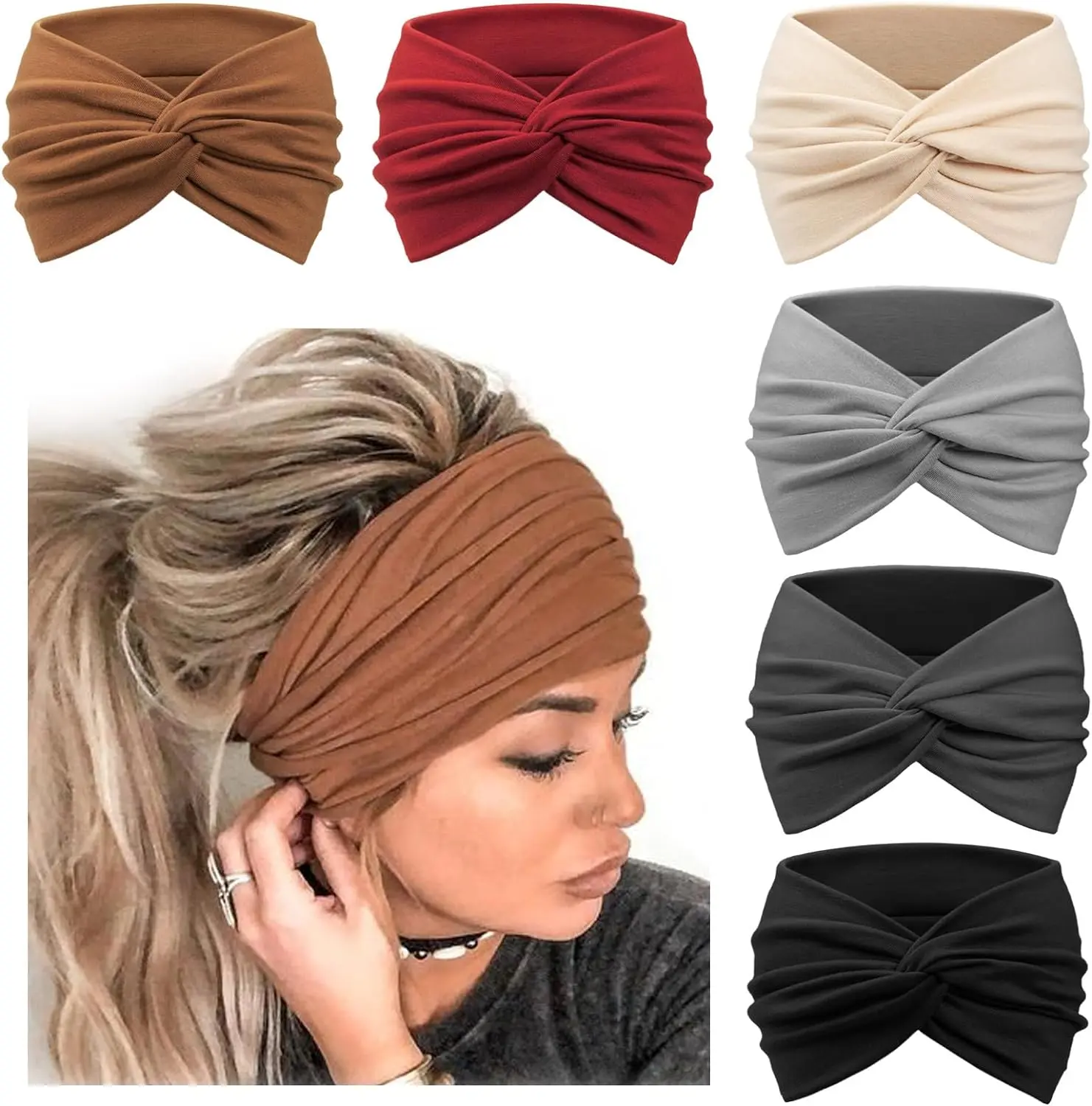 Women's Headbands 6-Pack - Vintage Knotted Turban Hair Accessories in a Soft Cotton Elastane Blend, Wide and Stretchy, Accessories For Women, Engagement, Anniversary, Ceremony, Unisex