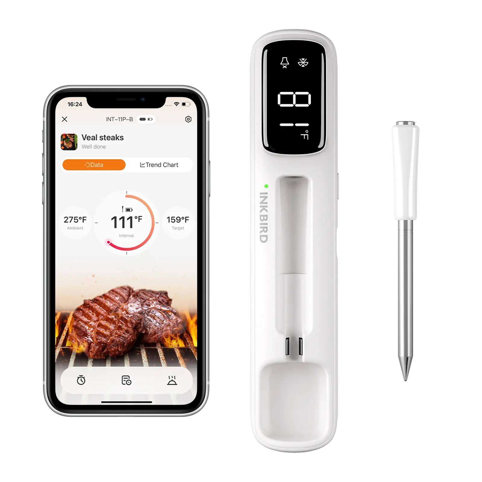 INKBIRD Wireless Bluetooth BBQ Grill Meat Thermometer - Portable Compact Waterproof Kitchen Utensil with Stainless Steel Probe, LED Display, 1000ft/305m Range, 25min Timer, 500mAh Battery for Grilling Cooking