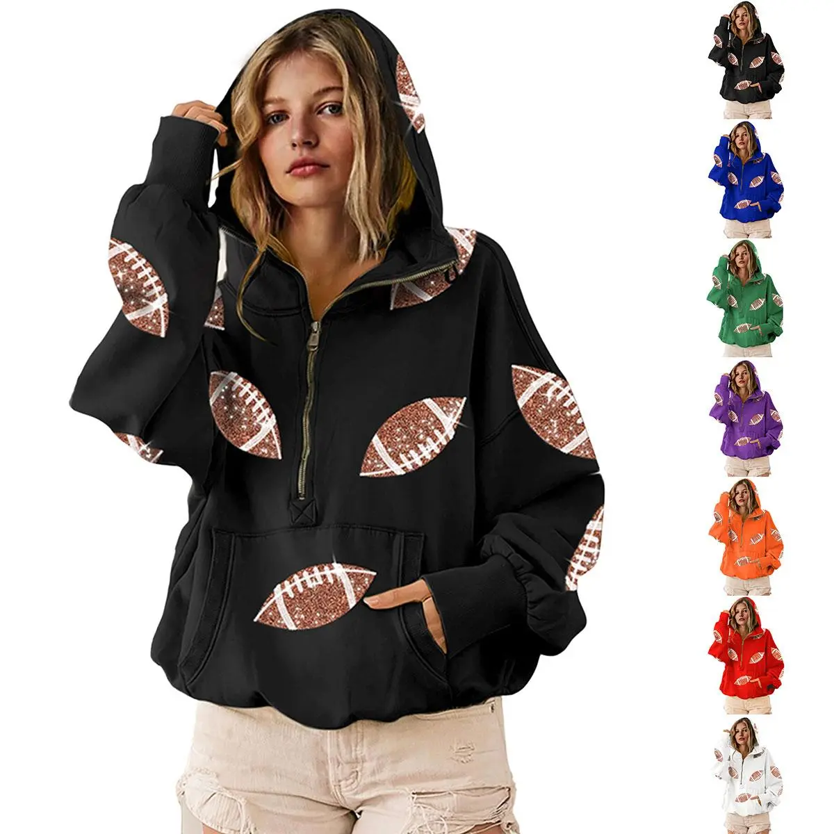 Jovenpara Women's Casual Sequin Football Hoodie - Long Sleeve Oversize Cotton 1/4 Zip Pullover with Hooded Neck, Kangaroo Pocket for Game Day, Athleisure & Casual Outfits, Party