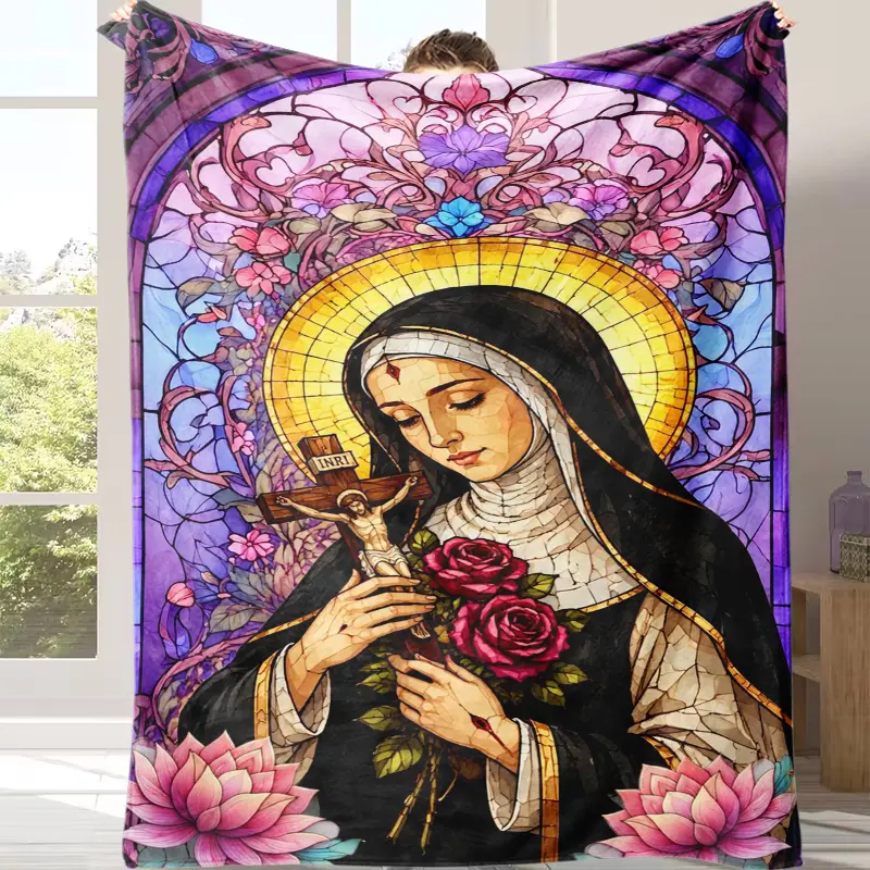 Colorful Stained Glass Saint Religious Throw Blanket Cozy Flannel Blanket Church Window Art Saint With Golden Halo Crucifix Red Roses Ornate Floral Frame Vibrant Multi Color Graphic Warm Home Decor Blanket For Sofa Bedroom Ideal For Religious Theme Gifts