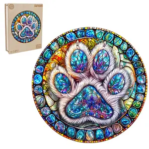 Stained glass paw prints Wooden Jigsaw Puzzle for Adults and Kids Unique Shape Animal Wood Puzzles Challenging Puzzle Family Game Creative Gifts Laser Cut Durable HDF Wood Puzzle Colorful Floral Beautiful