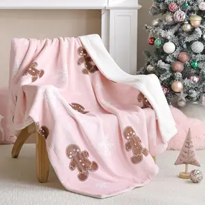 Pink Throw Blanket - Christmas Fluffy Blanket with Gingerbread and Snowflake Pattern - Reversible Velvet Fleece Soft Blanket - Cozy Lightweight Throw Blanket for Couch Bed Sofa, 50x60 Inches
