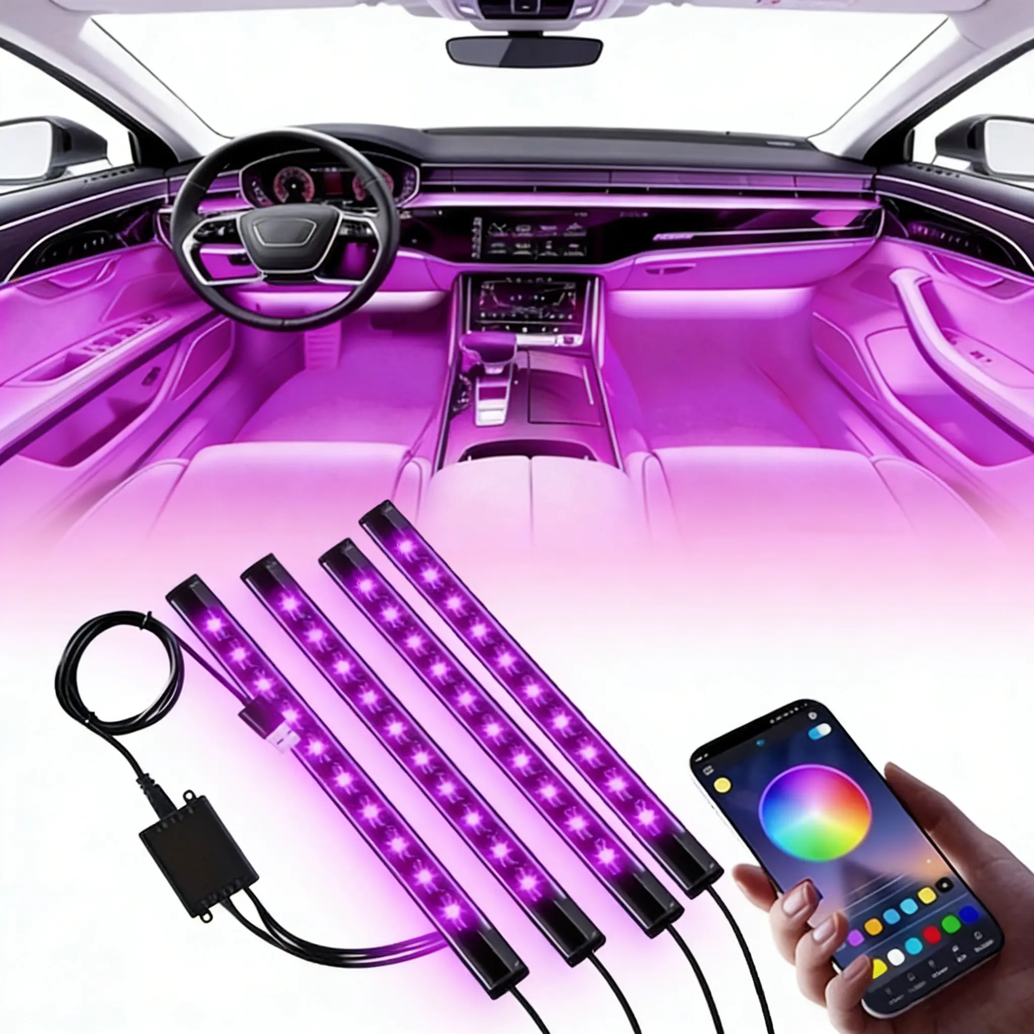 5W USB Powered RGB Car Recessed Lights Kit (4 Adhesive Peel Strips) - App Control, Music Sync, Waterproof Strobe Safety Decor, For Automobiles Truck Jeep Accessories, Holiday Gift for Men, Car Interior Decor, Car Lighting