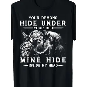 Men's Crewneck Round Neck Shortleeve T-Shirt - Viking Wolf Norse Mythology Warrior Artwork, Soft Stretch Fabric, Regular Fit, Plus Size Menswear, Ideal for Fitness, Casual Wear