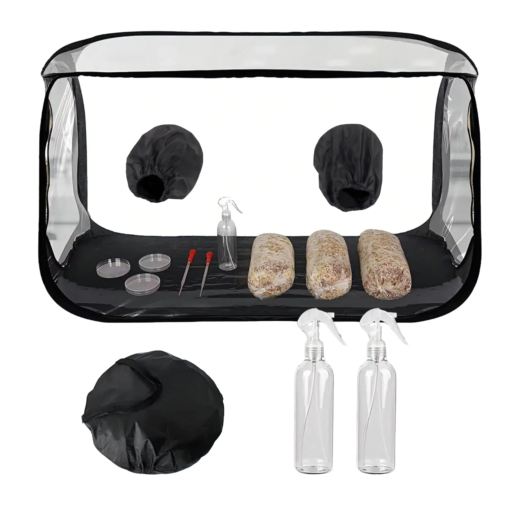 Mushroom Growing Tent, 38x20x25 Inches, Transparent Plastic Plant Growing Chamber, High Elasticity Armholes, Foldable with Storage Bag, Includes Thermometer & 2 Spray Bottles, for Agar Inoculation