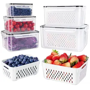 3 Pack Fridge Organizers, Stackable Fruit Storage Containers, BPA-Free, Removable Colander, Ideal for Salad, Berries, Vegetables, Meat, Plastic Storage Containers