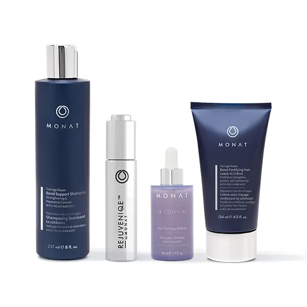 MONAT Damage Repair Bundle – Bond Support Shampoo, Leave-In Repair Cream, REJUVENIQE Oil & IR Clinical Hair Thinning Defense Serum Set