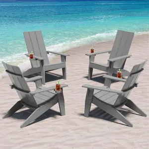 Set of 4 Oversized Modern Adirondack Chairs with Cup Holder Weather Resistant Plastic Outdoor Fire Pit Seating Patio Furniture for Lawn Deck in Grey
