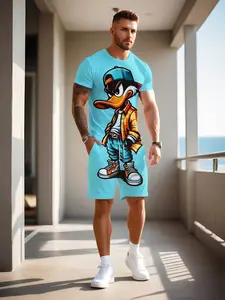Men's Summer Colorblock Casual Suit Set, Menswear 3D Geometric Print Short Sleeve T-Shirt & Track Shorts, Breathable Quick-Dry Outdoor Sport Gift