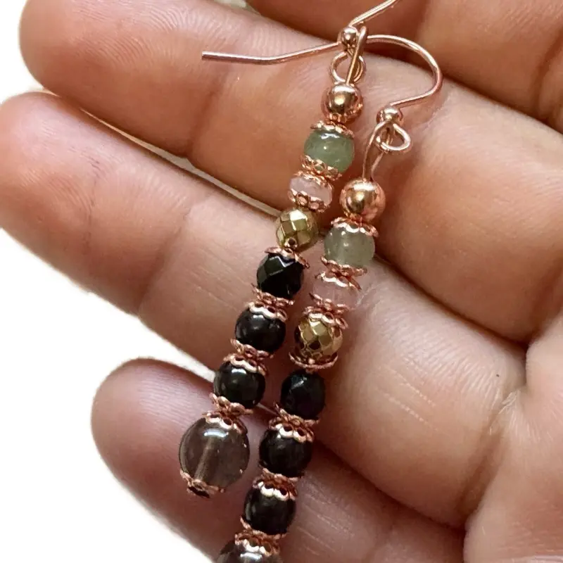 Female Alloy-Copper Teardrop Earrings, Retro Style Protective Energy Jewelry with Moldavite and Obsidian