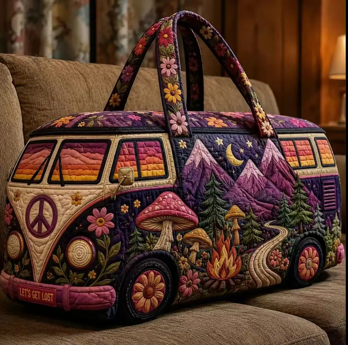 Women's Boho Hippie Van Quilted Fabric Duffel Bag, Purple Mountain Mushroom High Capacity Weekender Tote, Overnight Carry On for Camping, Road Trips, Travel Bag
