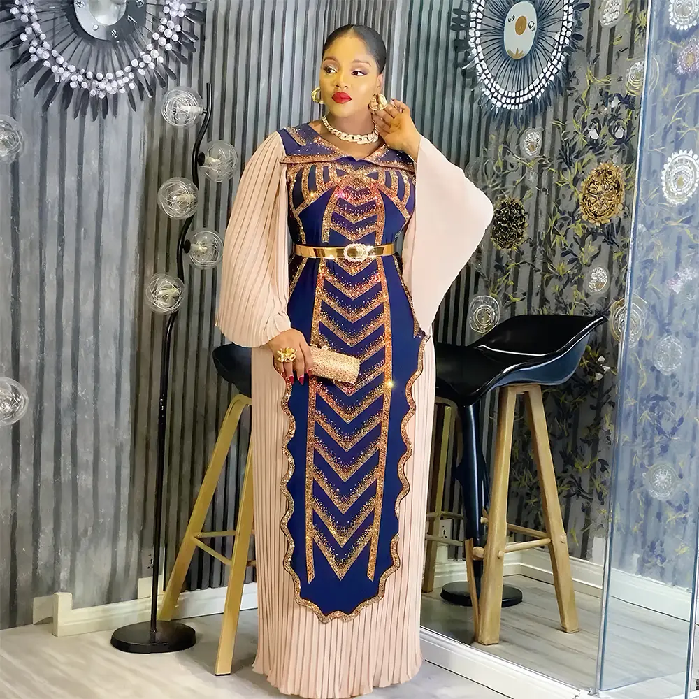 Women's Plus Size Chic Elegant Ethnic Print Kaftan - Long Sleeve Polyester-Elastane Formal Gown for Wedding, Party, All-Season Romance Evening Wear