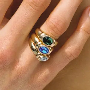 Emerald Cut Green Zircon Ring with Diamond Accents, Vintage Stackable Ring for Women, 18K Gold Plated Titanium Steel, Dainty Layering Ring