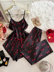 Women's 3-Piece Pajama Set, Round Neck Heart Print Fitted Tank Top, Short Pants, Long Pants, Comfortable Sleepwear Loungewear for All Seasons Pjs Pyjamas Womenswear