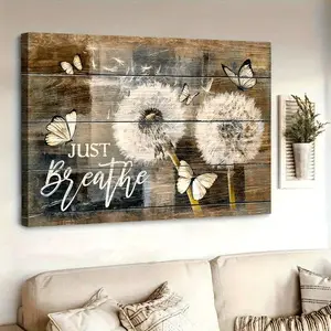 [Rustic Butterfly Decor] 1pc Rustic Wooden Frame Canvas Art - Serene White Dandelion & Butterfly Decor "Just Breathe", Perfect for Living Room, Bedroom, Home Office, Cafe - Indoor/Outdoor Use, 2D