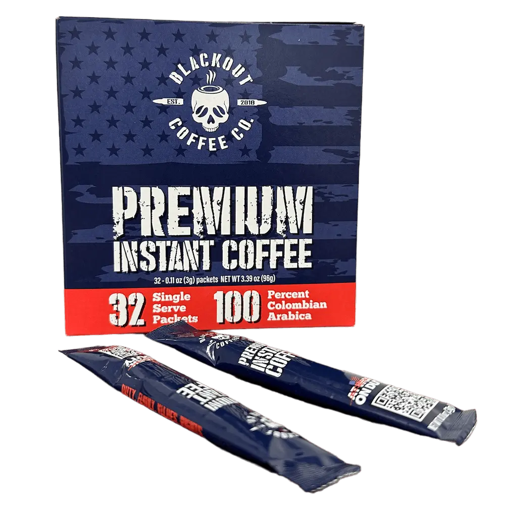 Blackout Instant Coffee Packets Single Serve | 32 Sticks | Just Add Water, No Machine Needed | Travel Ready | Medium Roast 100% Colombian Arabica | Freeze Dried Coffee Instant Powder