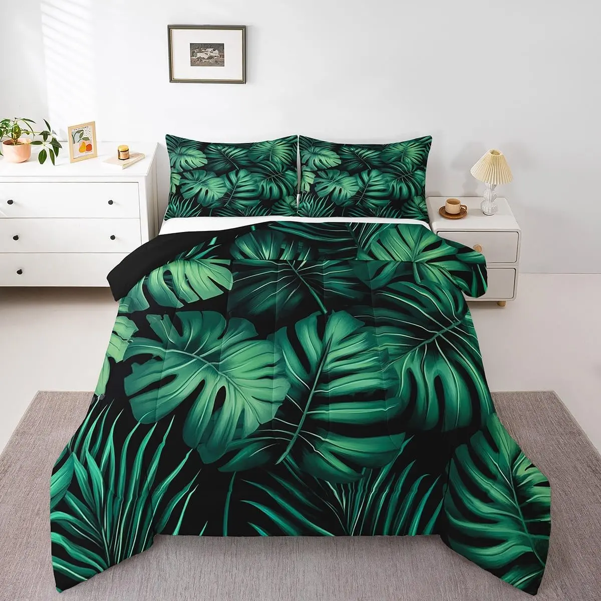 Green Palm Leaves Comforter Set Monstera Banana Leaves Bedding Set,Tropical Hawaii Plants Bedding Comforter Sets Summer Jungle Botanical Leaf Quilt Set