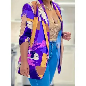 Purple Casual Print Cardigan Lapel Jacket