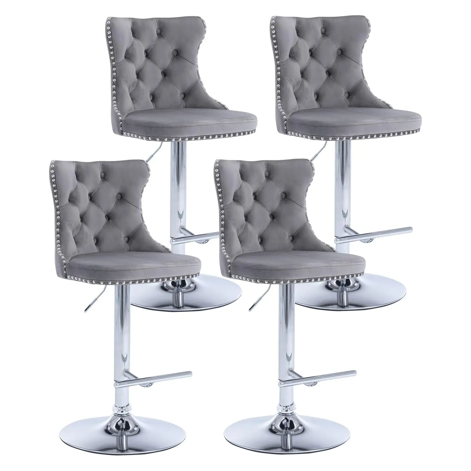 Set of 2 or 4 Modern Swivel Adjustable Bar Stools, Velvet Tufted Bar Chairs with Silver Leg & Backrest and Nailhead Trim, for Kitchen Island, Counter Height Chair for Kitchen, Bar, Dining Room,dorm essentials,home decor